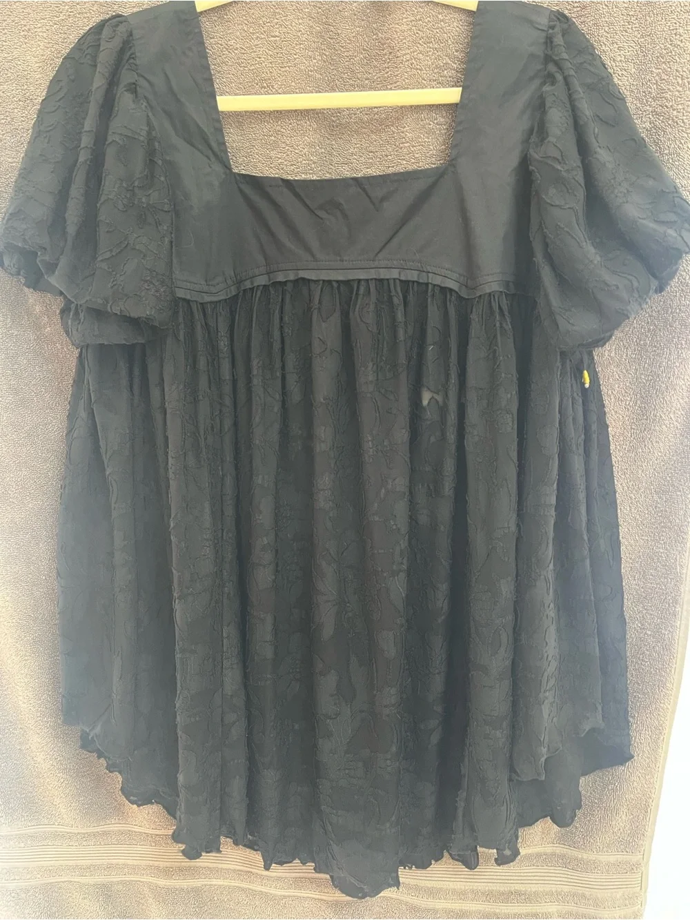 Free People Black Lace Square-Neck Puff Sleeve Tunic